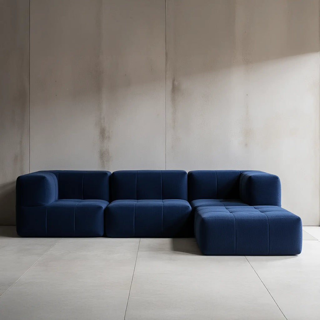 Sofá na Caixa modular 3 lugares em Boucle sem braço com chaise - Azul