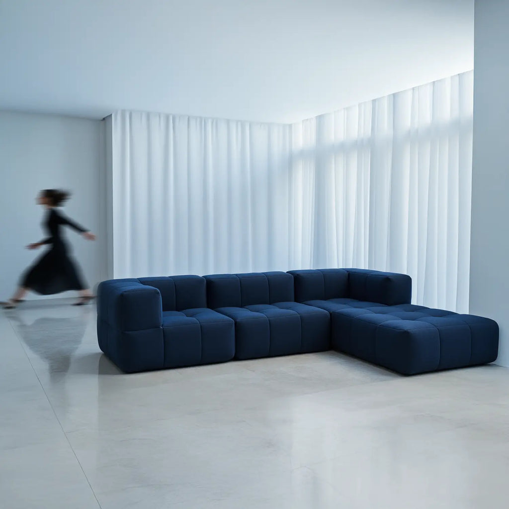 Sofá na Caixa modular 1 lugar poltrona com chaise em Boucle - Azul