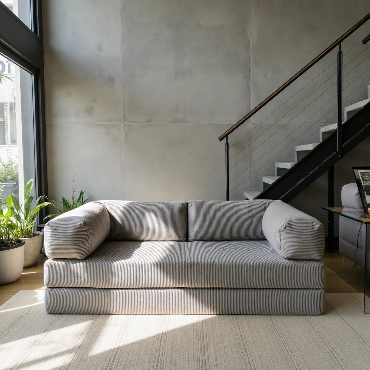 Sofá Cama Bloom - Sofá na Caixa + Apoio de Pé Bloom Tecido Boucle Cinza