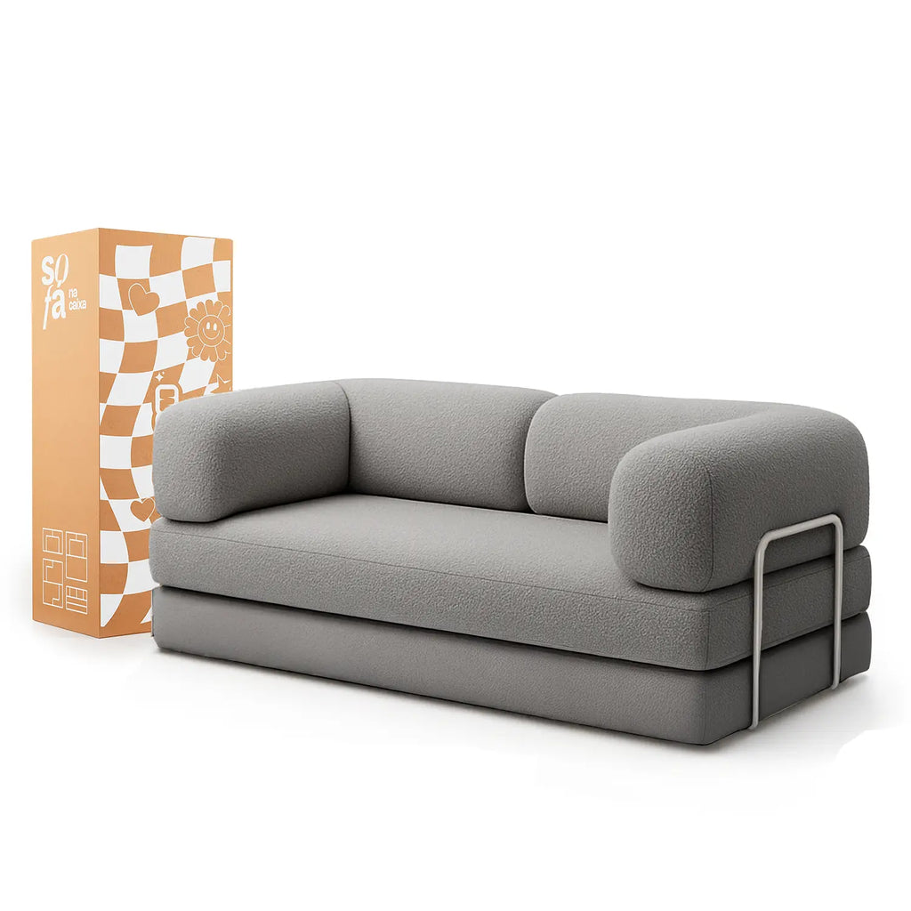 Sofá Cama Bloom - Sofá na Caixa + Poltrona Bloom Tecido Boucle Cinza