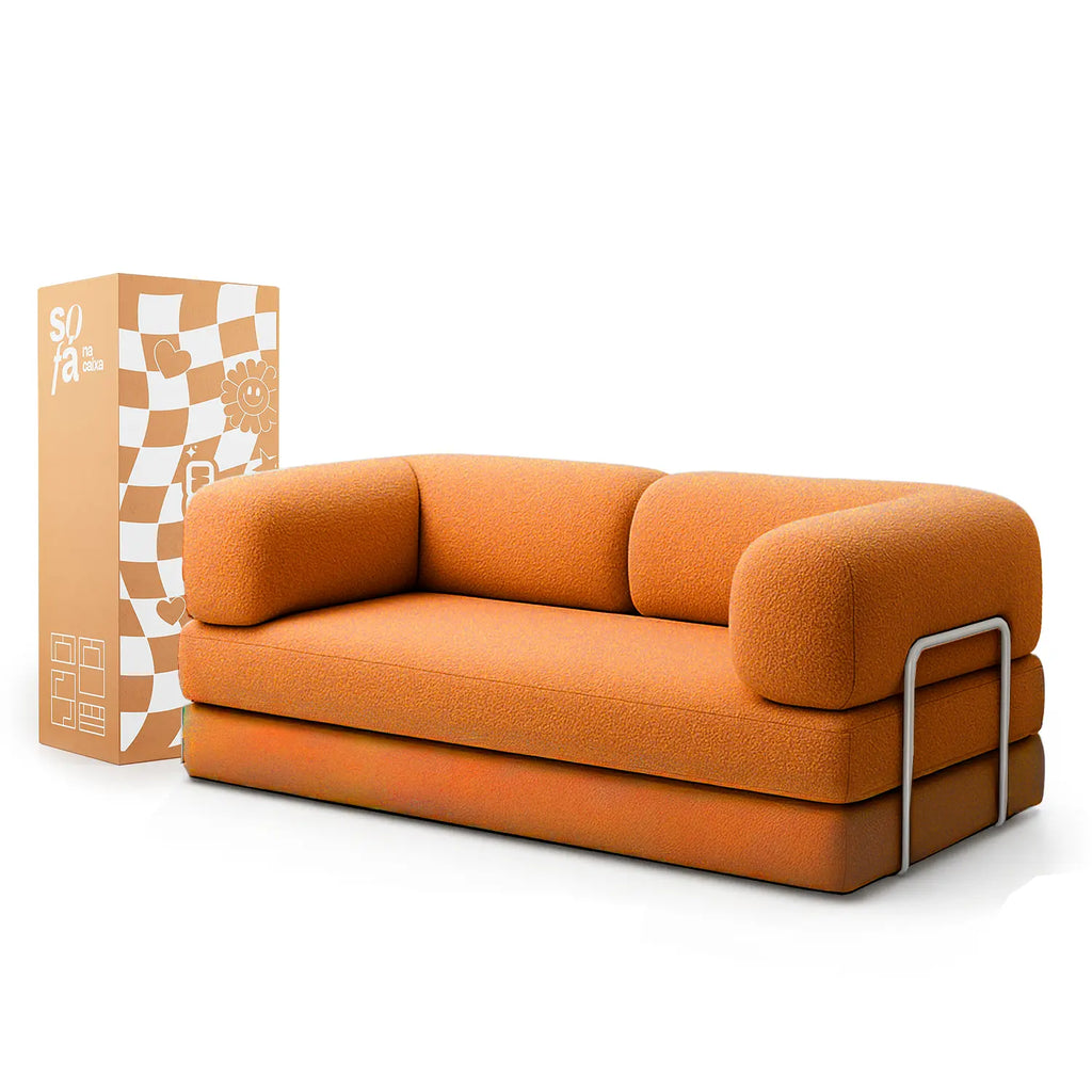 Sofá Cama Bloom - Sofá na Caixa + Poltrona Bloom Tecido Boucle Laranja
