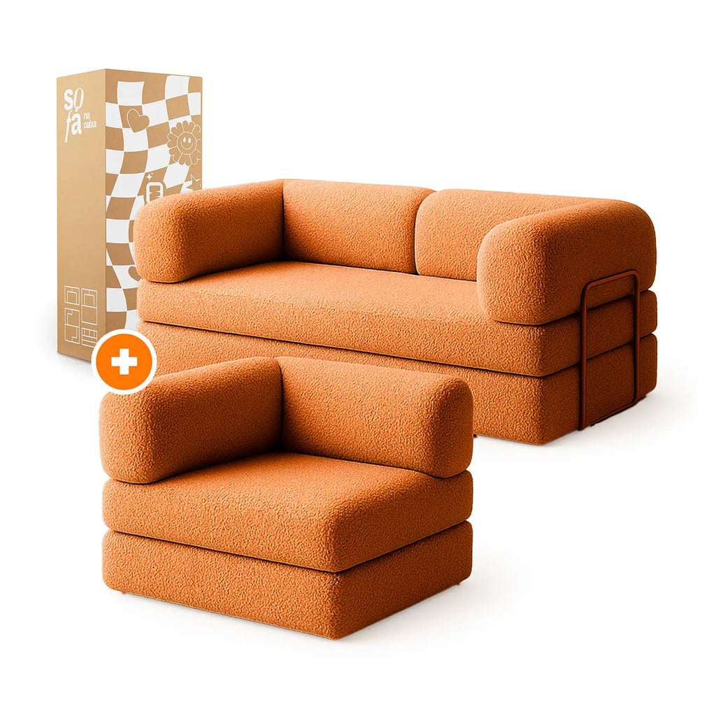 Sofá Cama Bloom - Sofá na Caixa + Poltrona Bloom Tecido Boucle Laranja