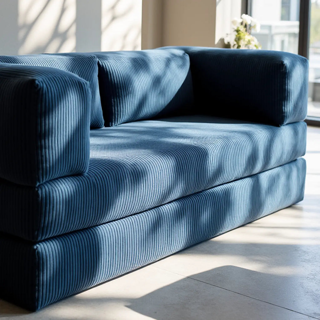 Sofá Cama Bloom - Sofá na Caixa + Apoio de Pé Bloom Tecido Boucle Azul