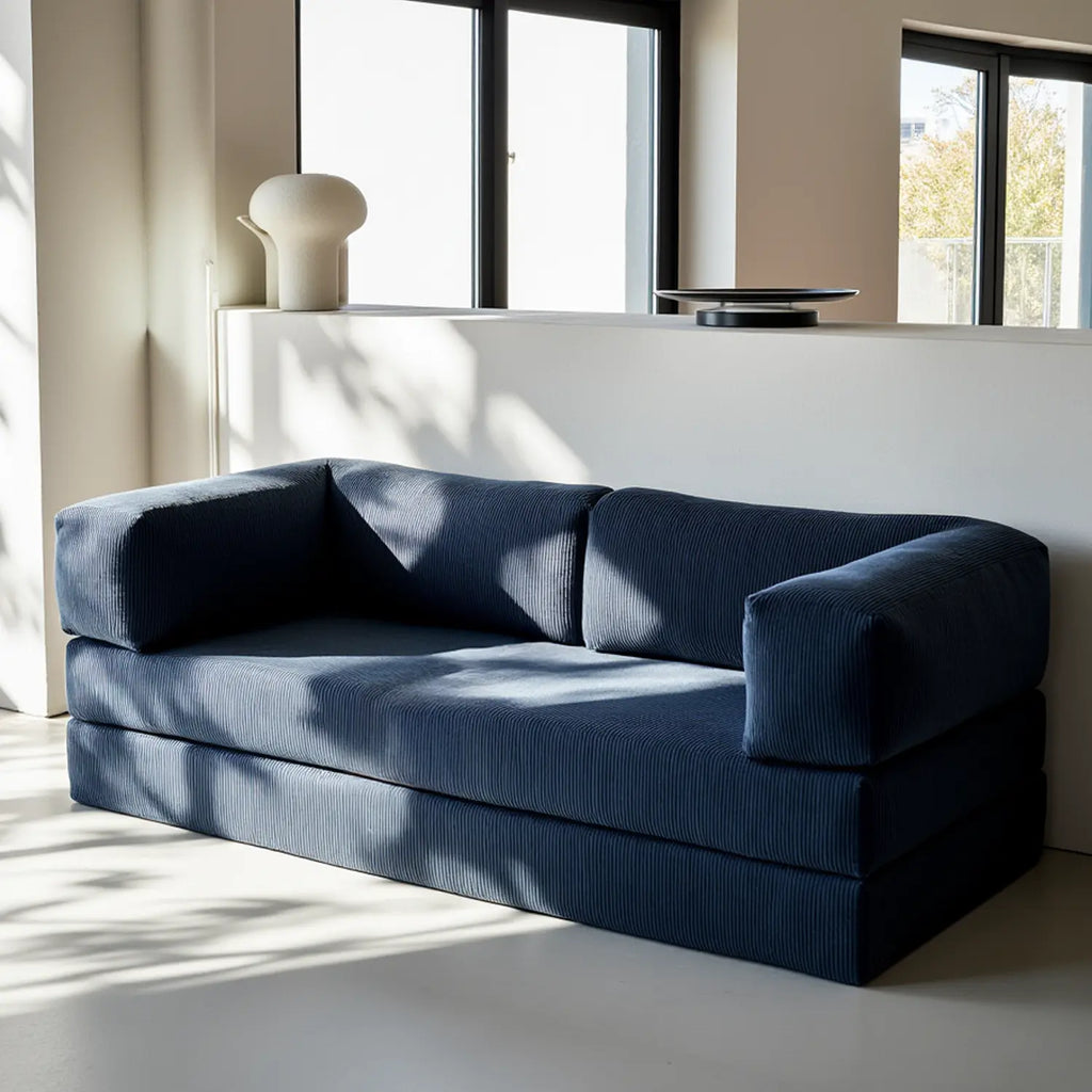 Sofá Cama Bloom - Sofá na Caixa + Apoio de Pé Bloom Tecido Boucle Azul