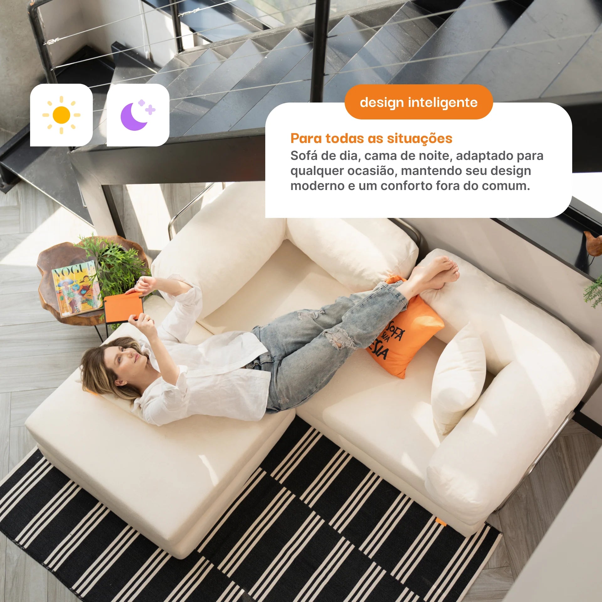 Sofá Cama Bloom - Sofá na Caixa + Apoio de Pé Bloom Tecido Boucle Laranja