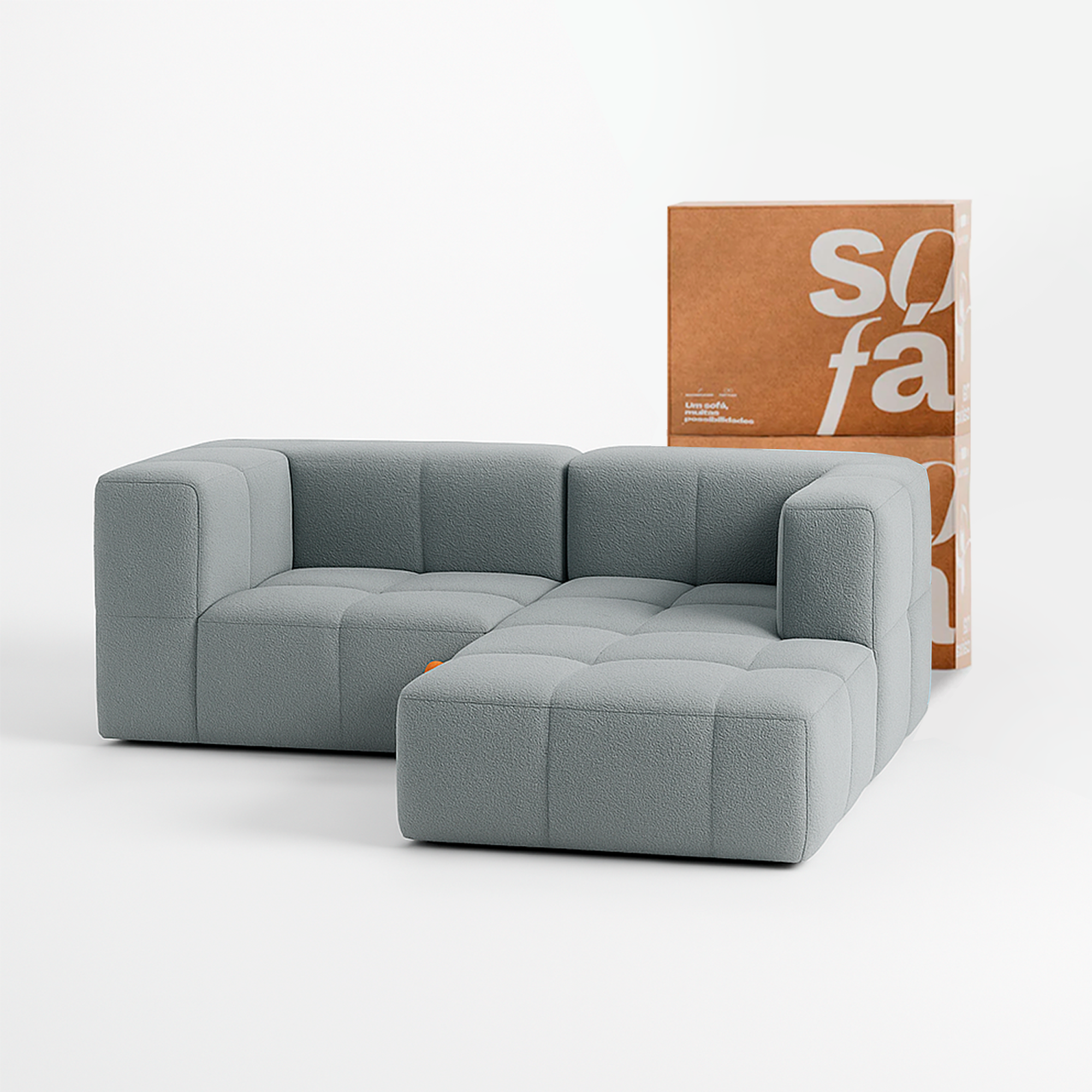 Sofá na Caixa modular 2 lugares em Boucle - 2 Cantos com Apoio de pé - Cinza