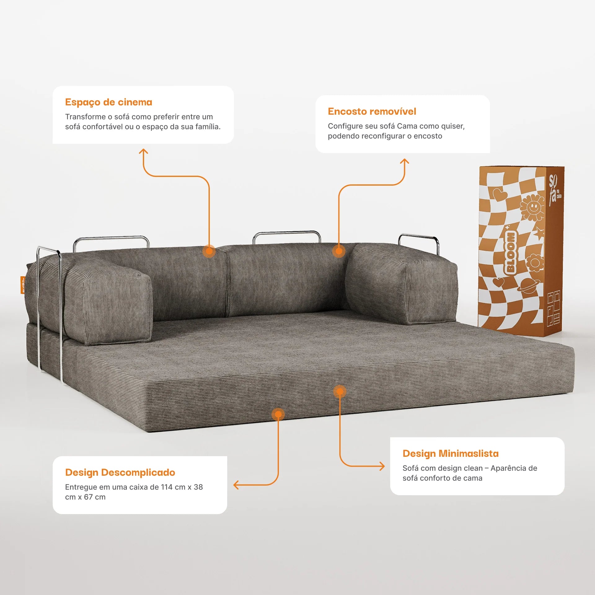 Sofá Cama Bloom - Sofá na Caixa + Poltrona Bloom Tecido Boucle Cinza