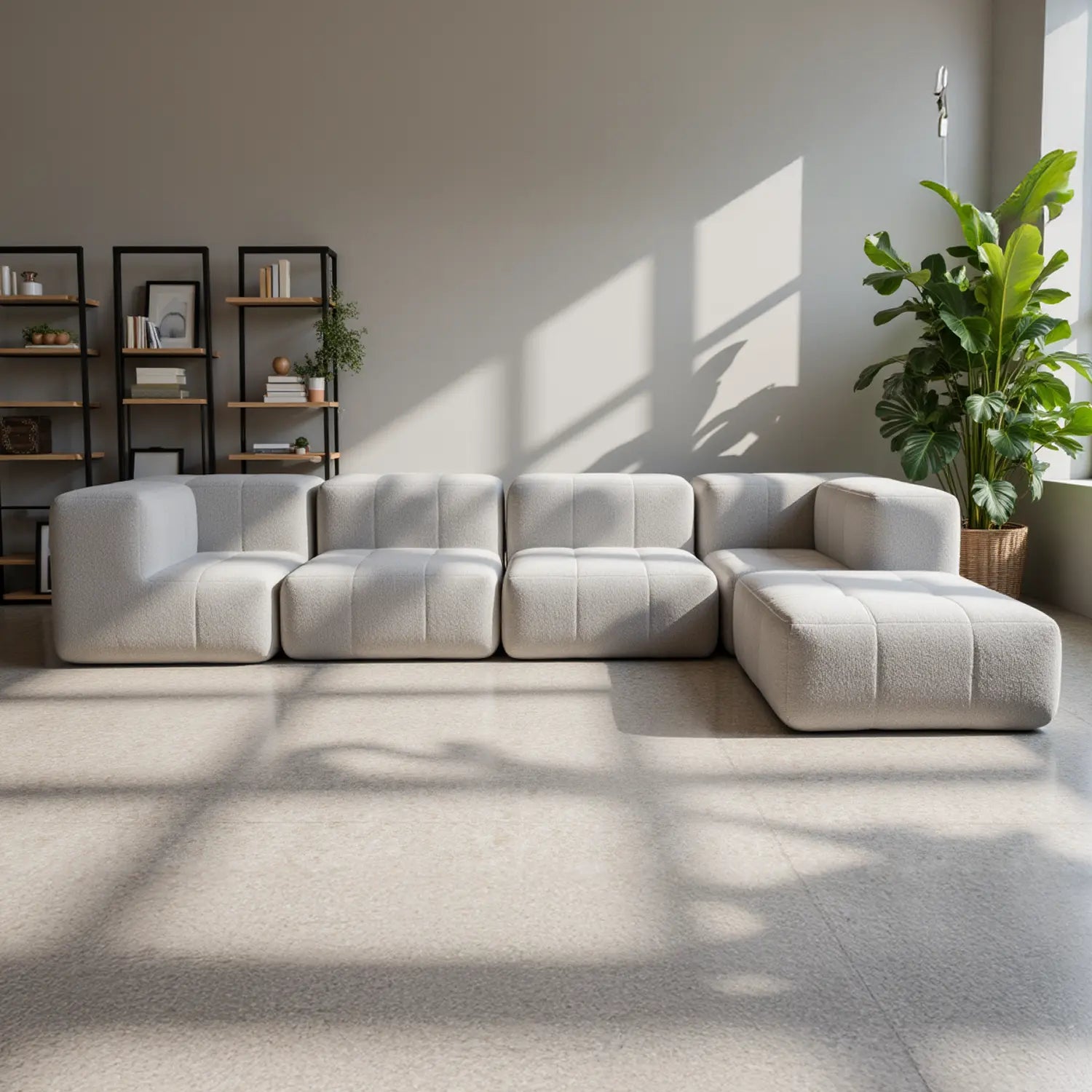 Sofá na Caixa modular 2 lugares em Boucle - 1 Braço com Apoio de pé - Cinza