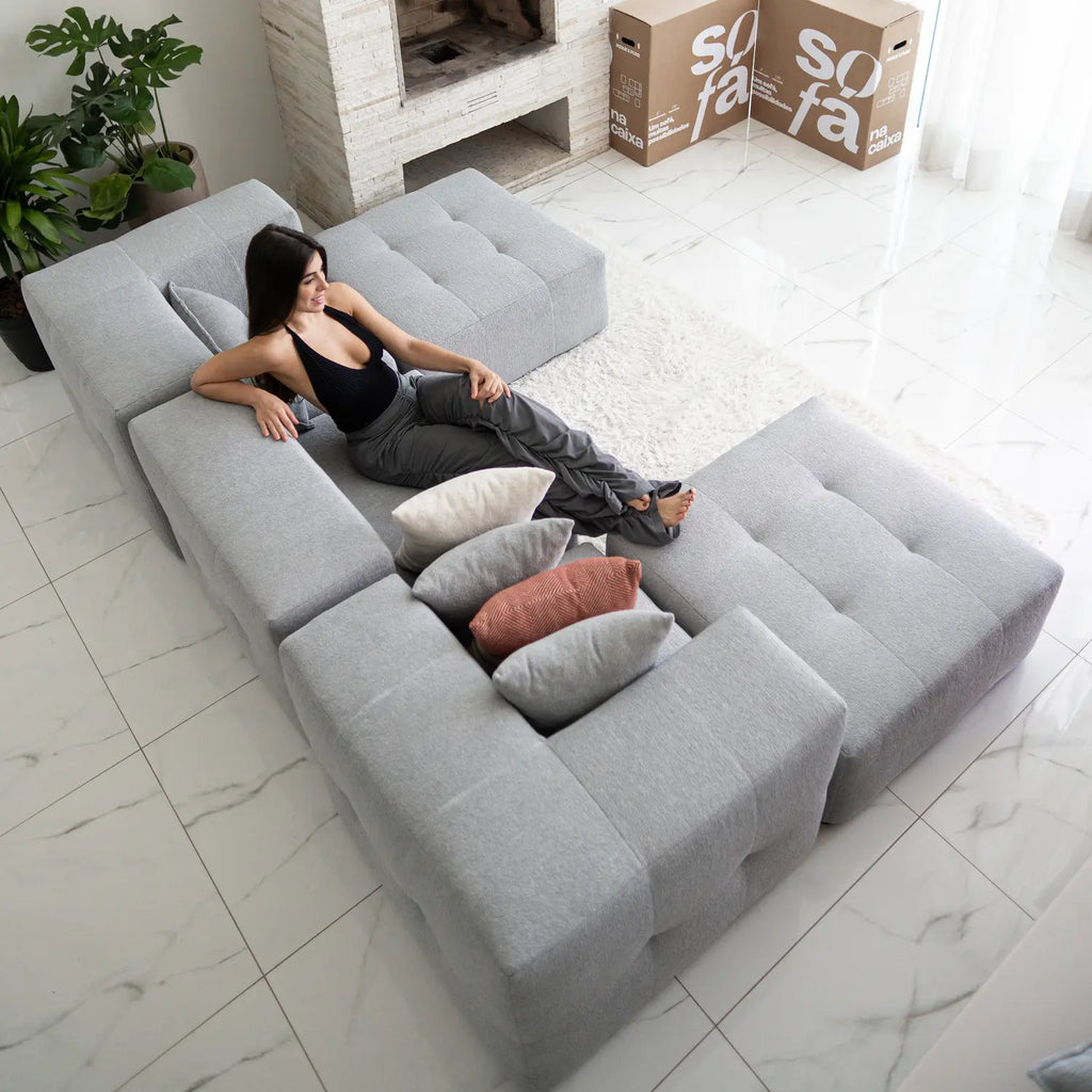 Sofá na Caixa modular 1 lugar Canto com chaise em Boucle - Cinza