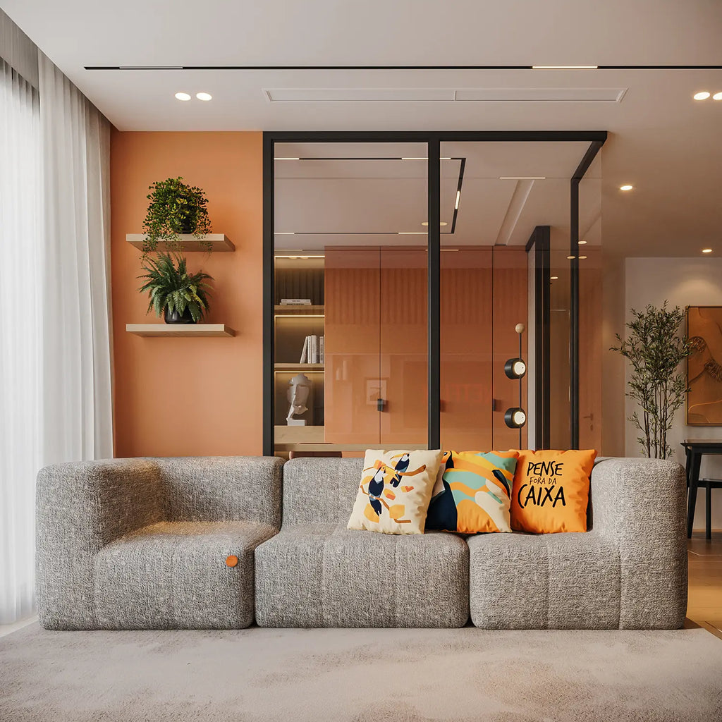 Sofá na Caixa modular 3 lugares em Boucle - 1 Braço com 2 Chaises - Cinza