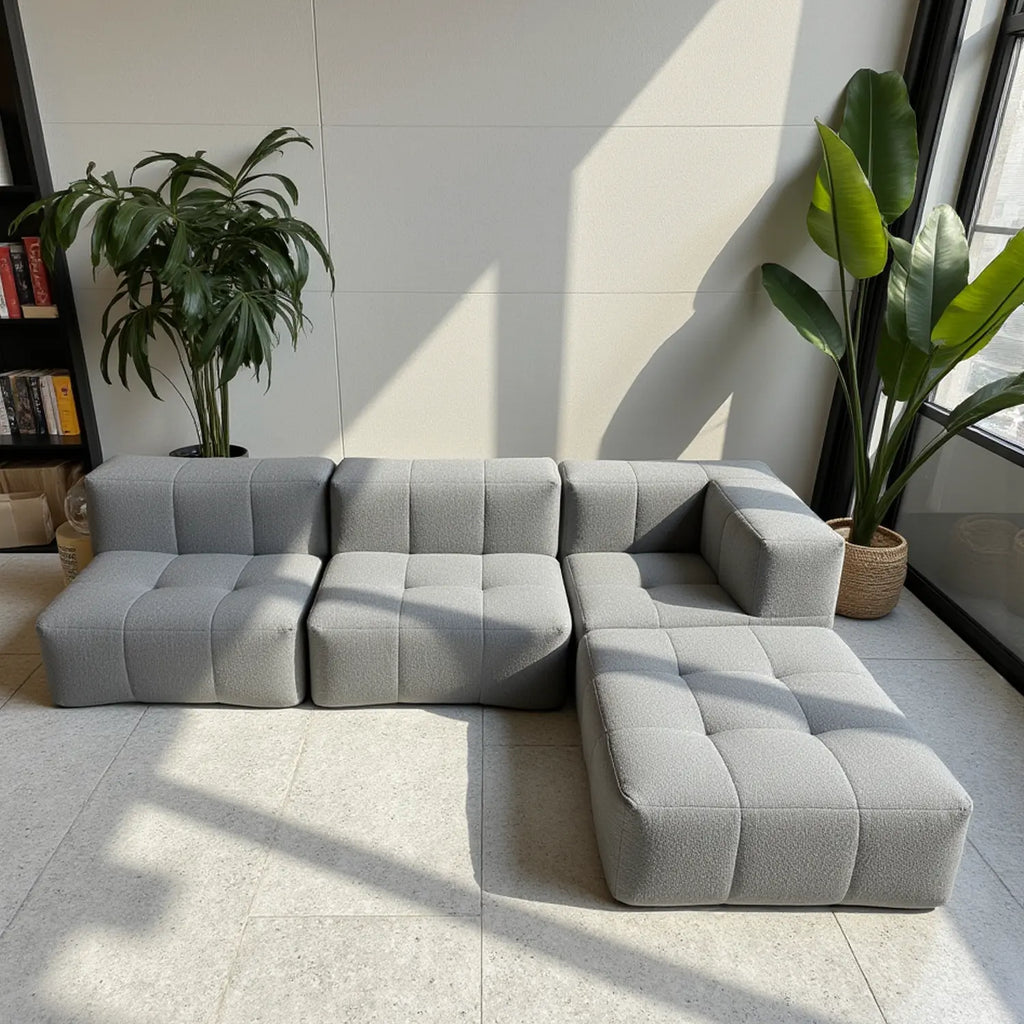 Sofá na Caixa modular 3 lugares em Boucle - 1 Braço com 2 Chaises - Cinza
