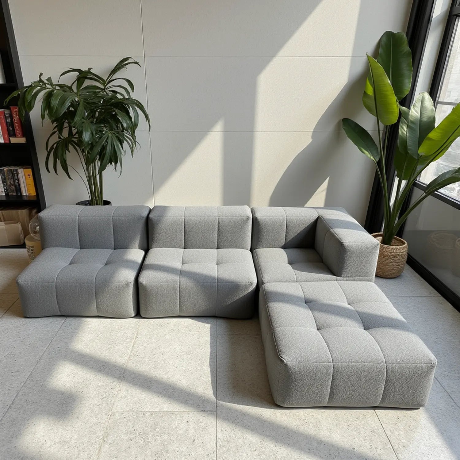 Sofá na Caixa modular 4 lugares em Boucle com 1 chaise - Cinza