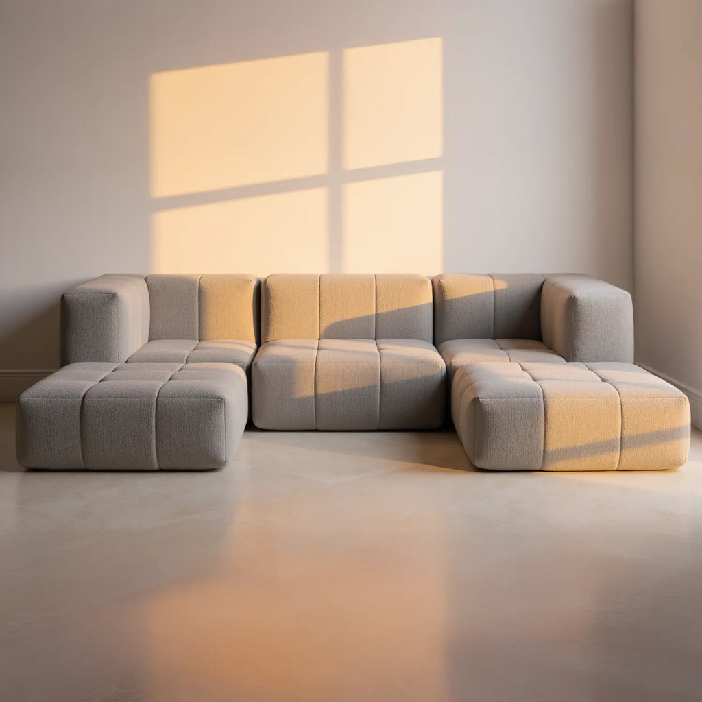 Sofá na Caixa modular 3 lugares em Boucle - 1 Braço com Chaise - Cinza