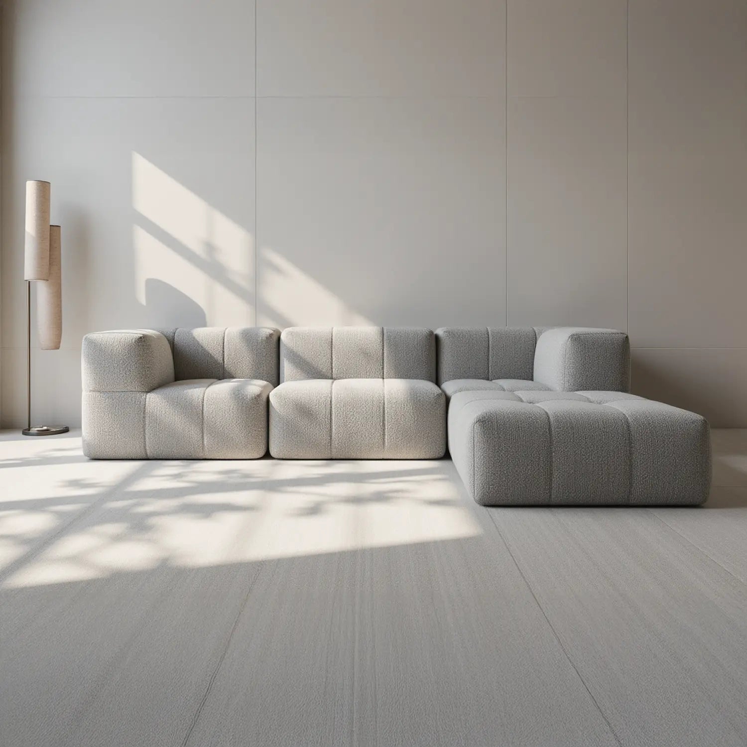 Sofá na Caixa modular 3 lugares em Boucle - 1 Braço com Chaise - Cinza