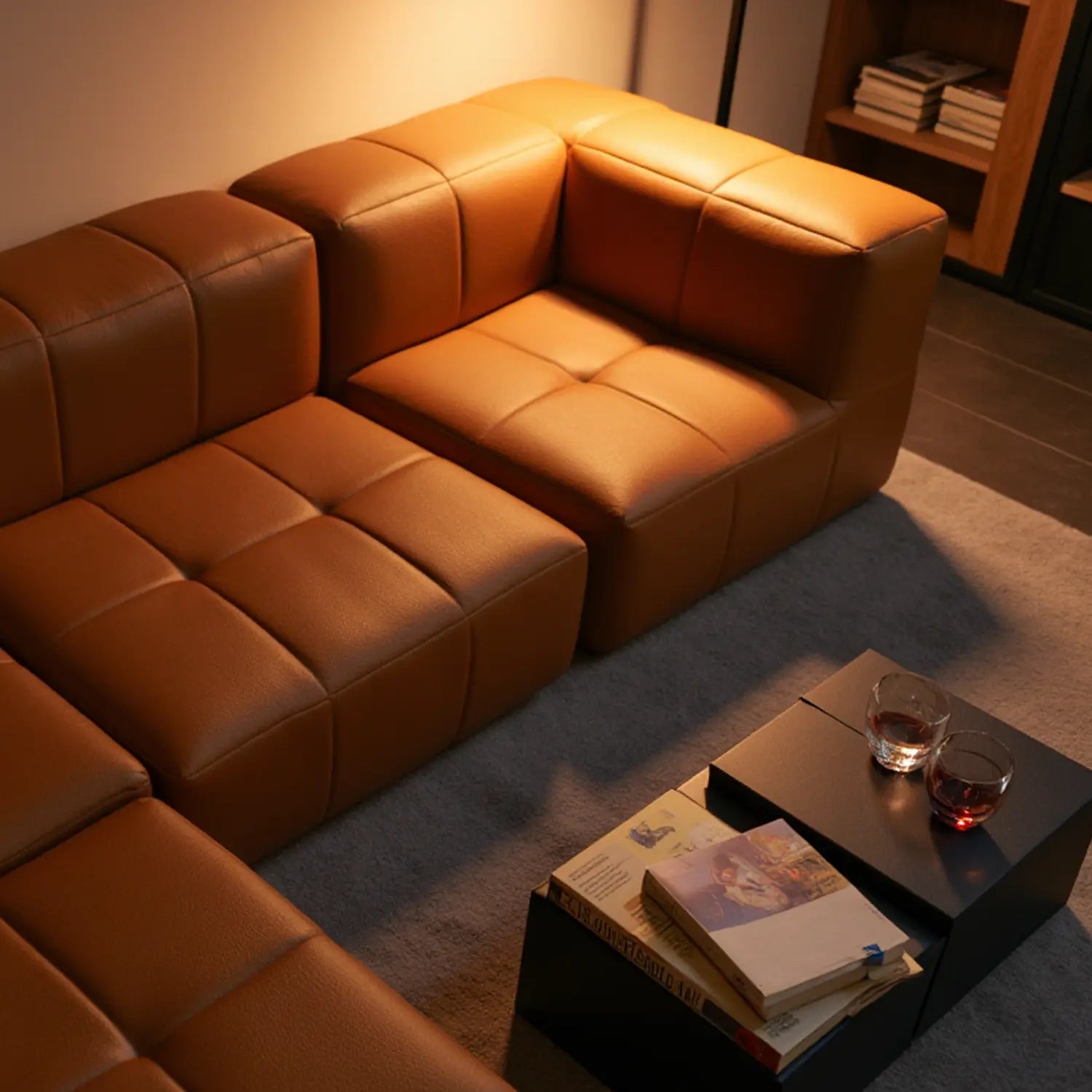 Sofá na Caixa modular 3 lugares Poli-Couro Marrom com 3 Chaises
