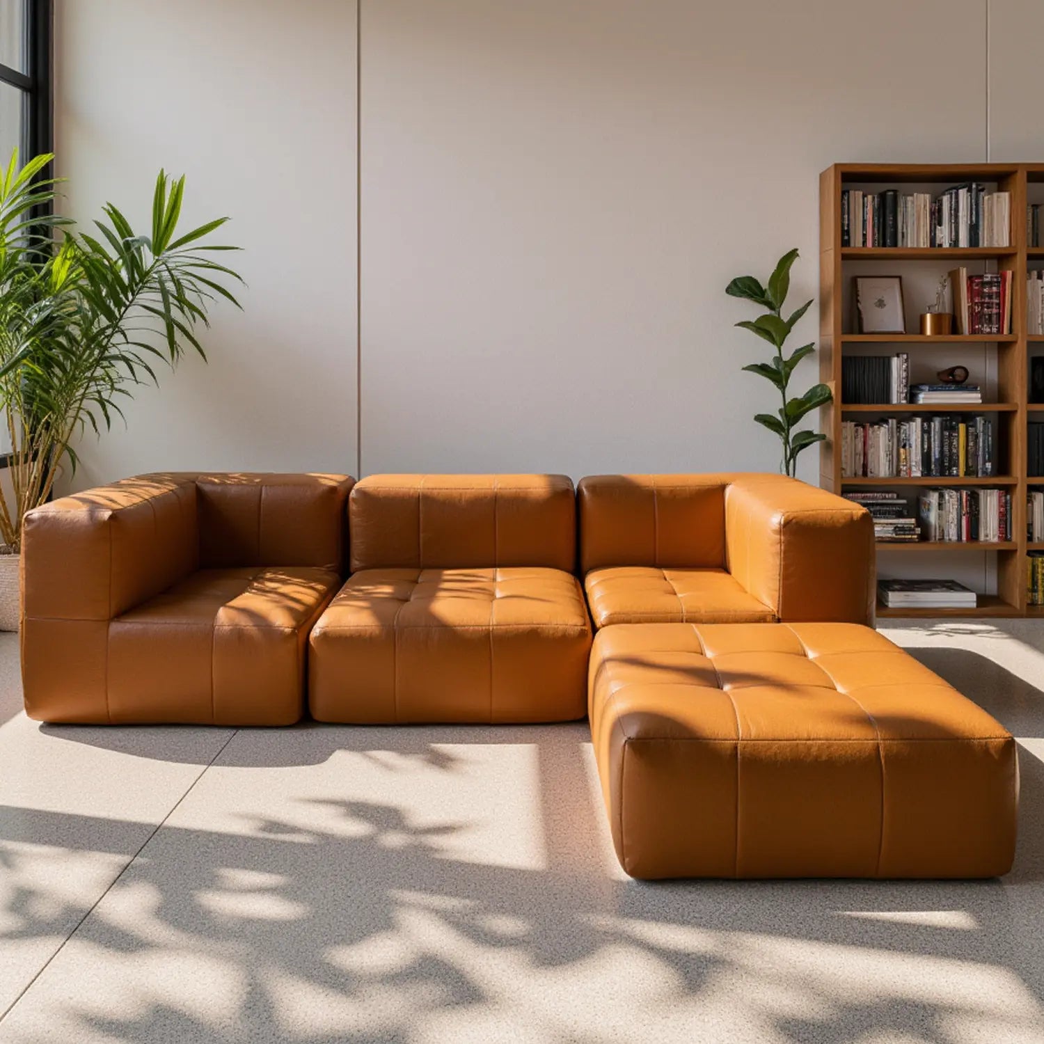Sofá na Caixa modular 2 lugares Poli-Couro Marrom - 1 Braço com com Apoio de pé