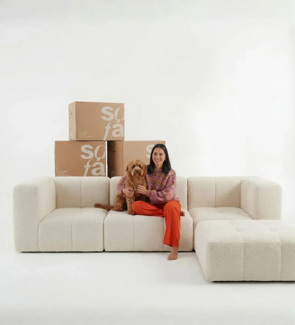 Sofá na Caixa modular 3 lugares em Boucle com Apoio de pé - Linho