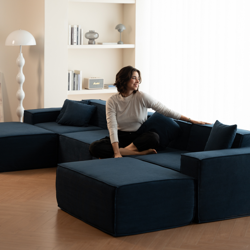 Sofá Modular Pelion 1 lugar Canto em L Esquerdo Boucle - Azul