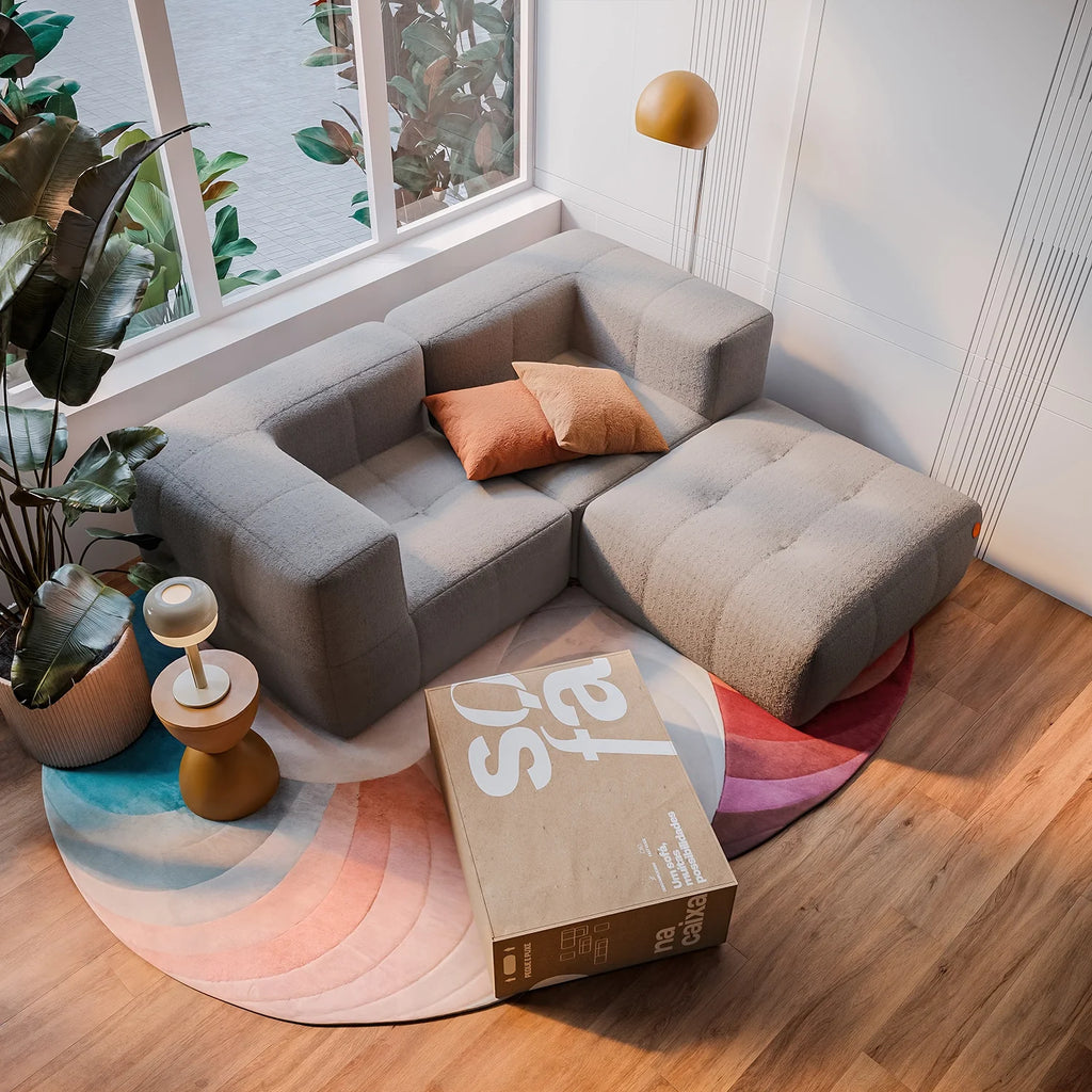 Sofá na Caixa modular 2 lugares em Boucle - 2 Cantos com Apoio de pé - Cinza