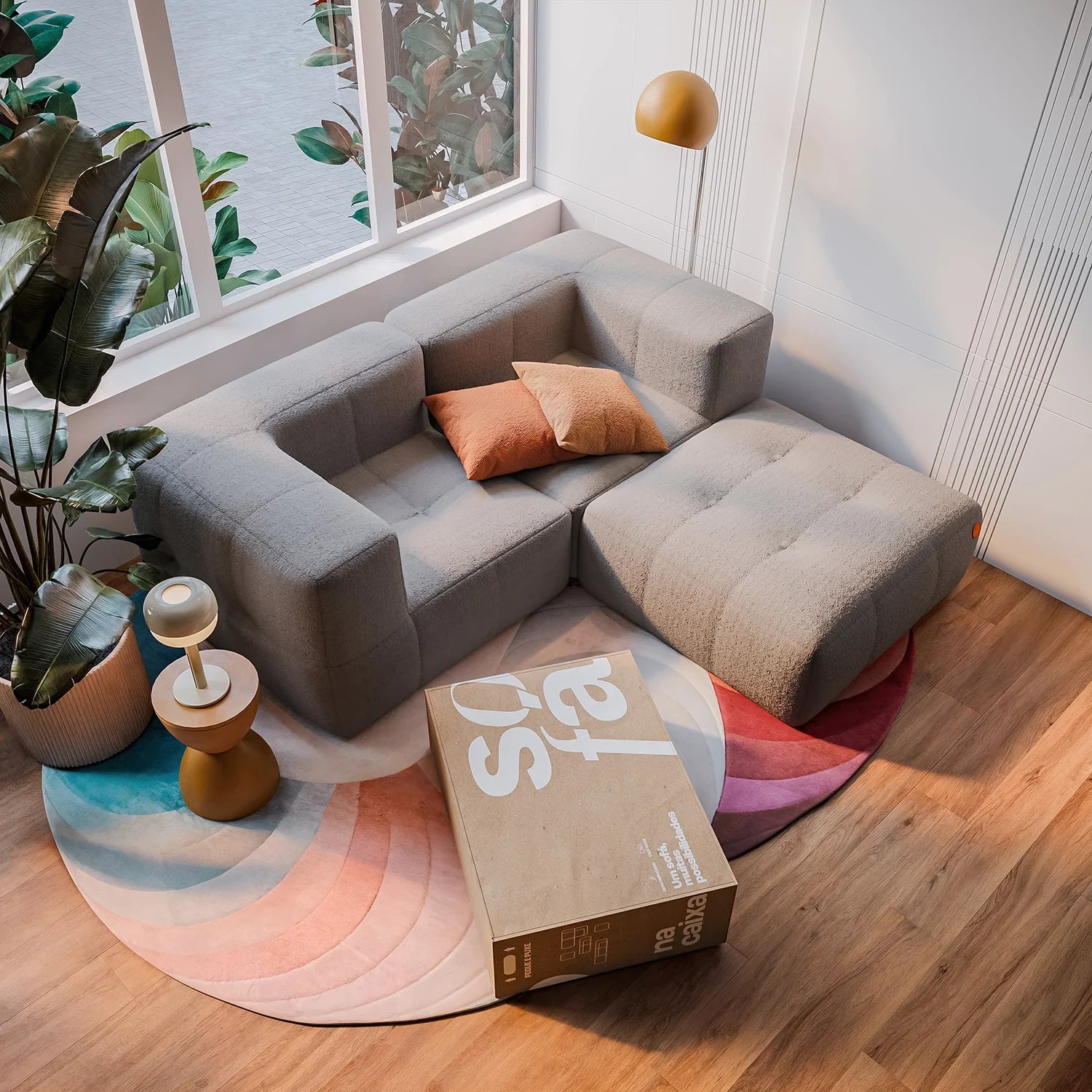 Sofá na Caixa modular 2 lugares em Boucle - 2 Cantos com Apoio de pé - Cinza