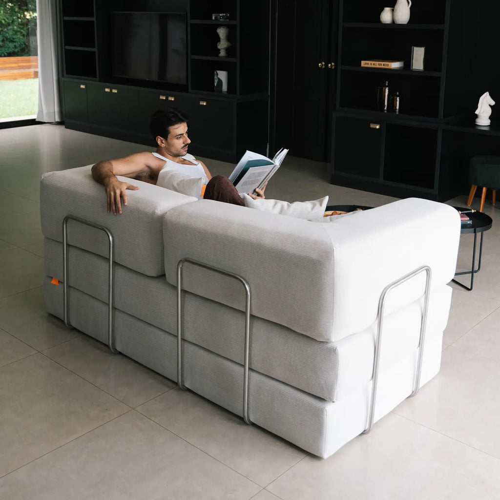 Sofá Cama Bloom Tecido Boucle Cinza - Sofá na Caixa