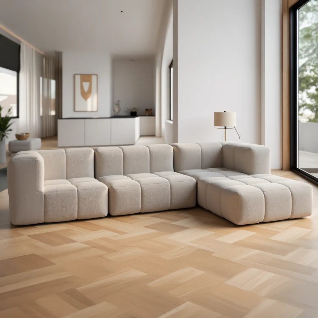 Sofá na Caixa modular 2 lugares em Boucle - 2 Poltronas com Apoio de pé - Linho