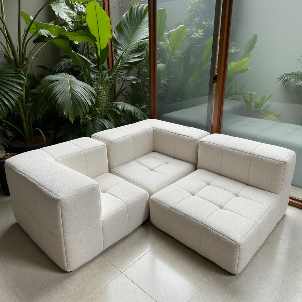 Sofá na Caixa modular 1 lugar Canto com chaise em Boucle - Linho