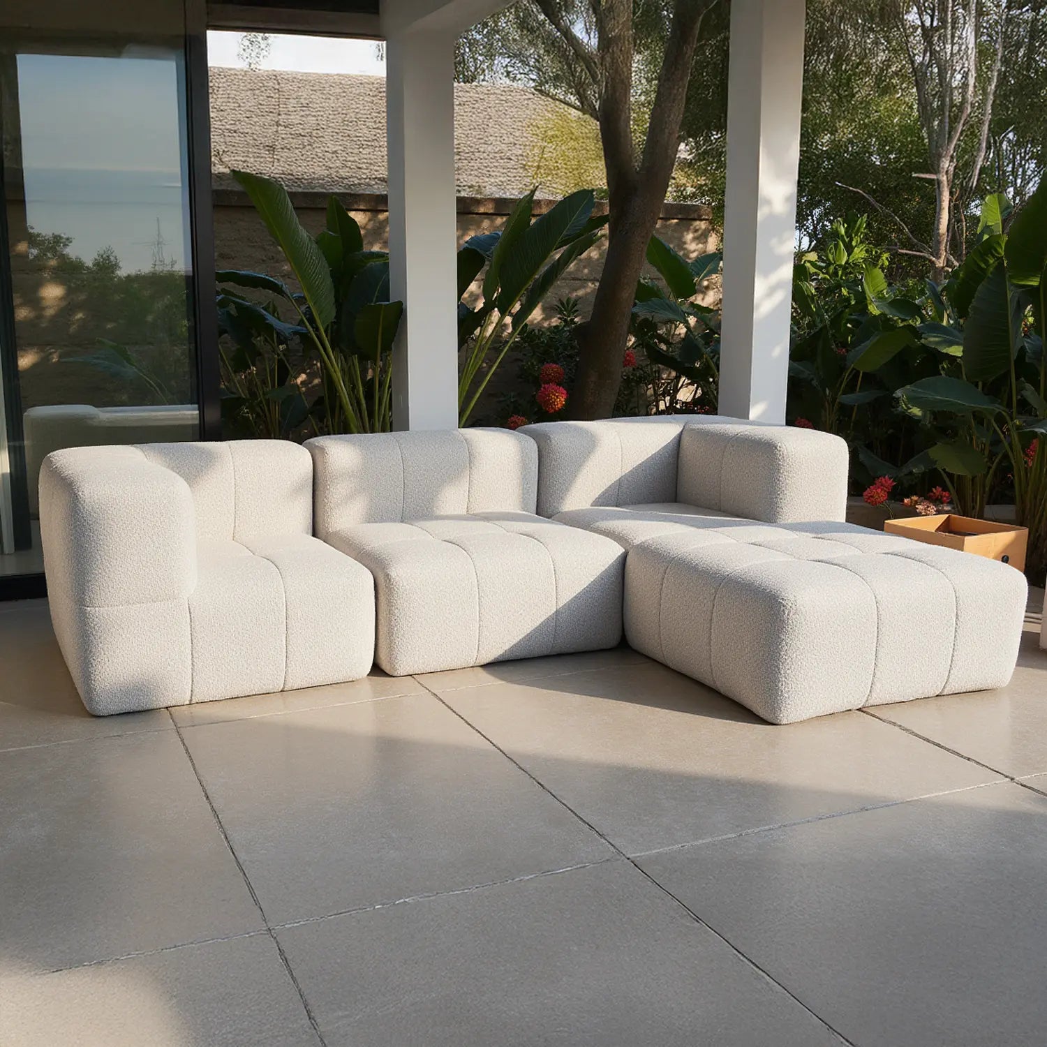 Sofá na Caixa modular 1 lugar poltrona com chaise em Boucle - Linho