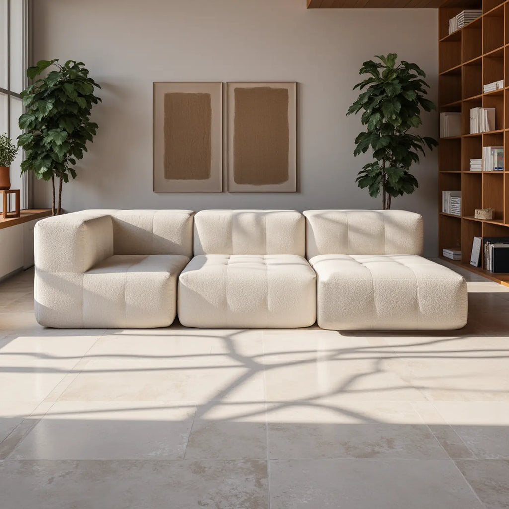 Sofá na Caixa modular 3 lugares em Boucle - 1 Braço com Chaise - Linho