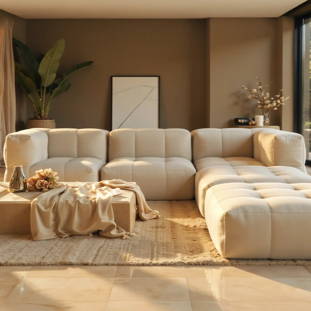 Sofá na Caixa modular 3 lugares em Boucle - 1 Braço com 2 Chaises - Linho