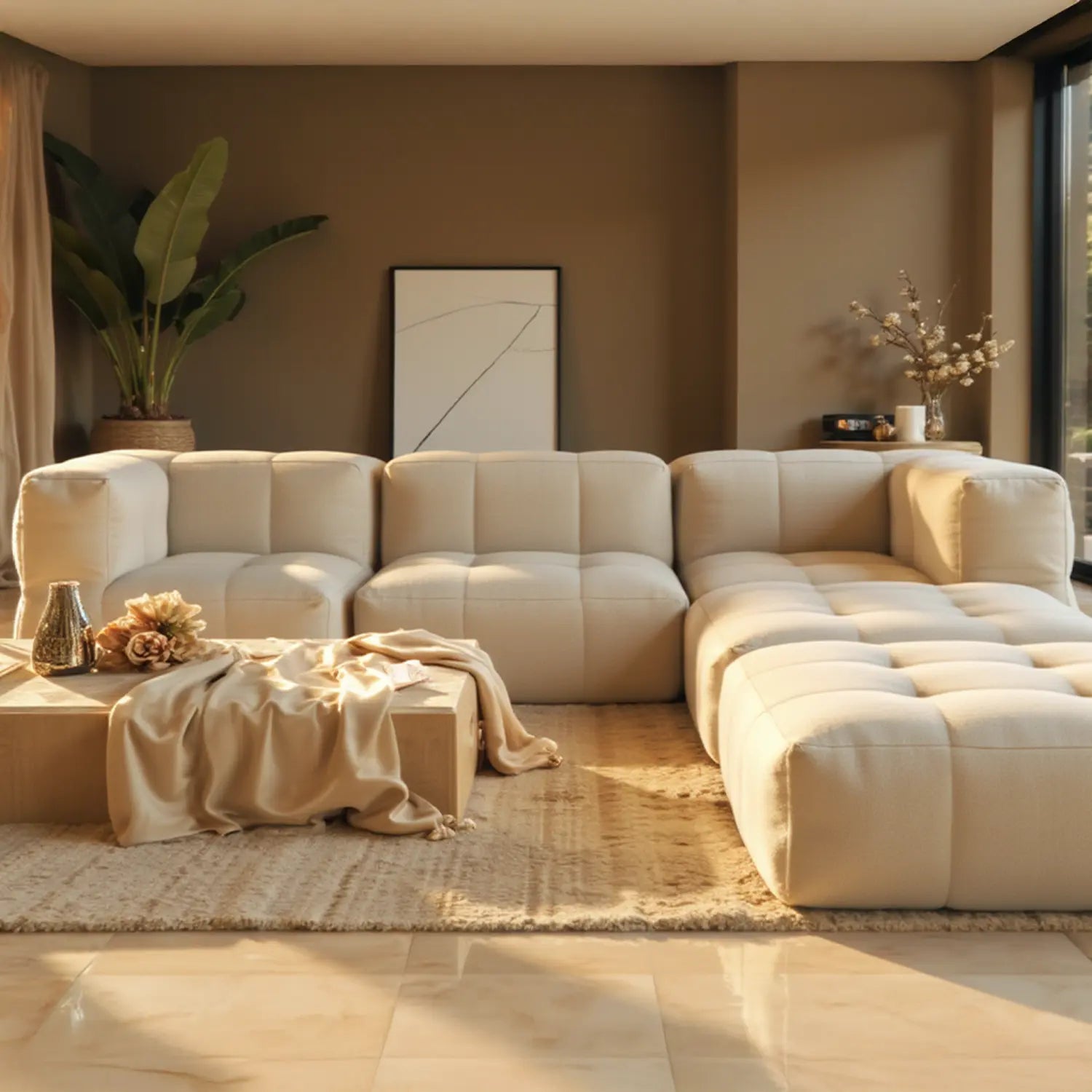Sofá na Caixa modular 2 lugares em Boucle - 2 Poltronas com Apoio de pé - Linho