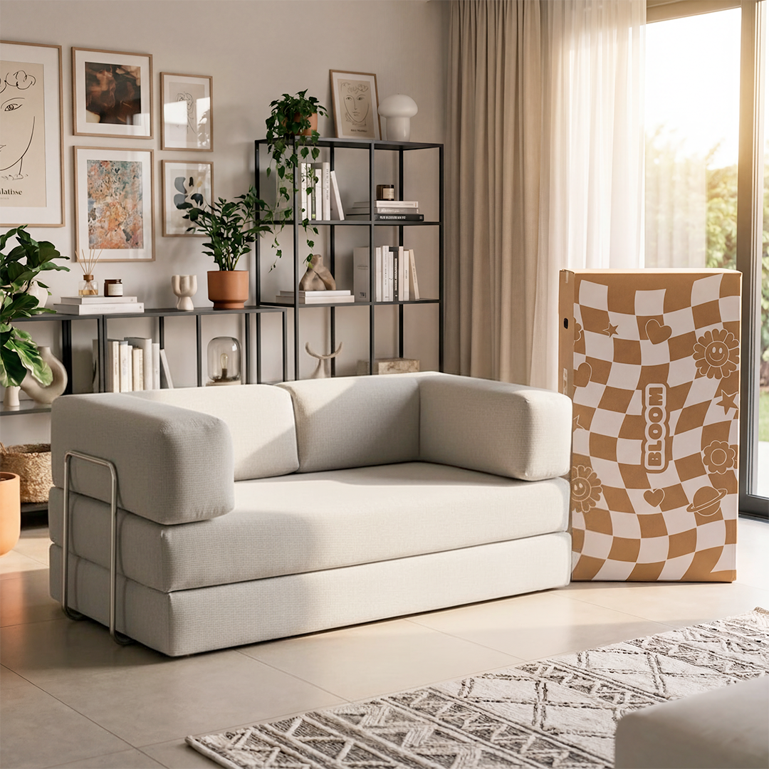 Sofá Cama Bloom Tecido Boucle Cinza - Sofá na Caixa