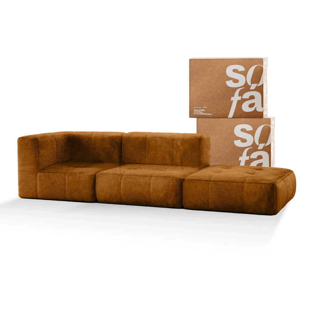 Sofá na Caixa modular 2 lugares Poli-Couro Marrom - 1 Braço com com Apoio de pé