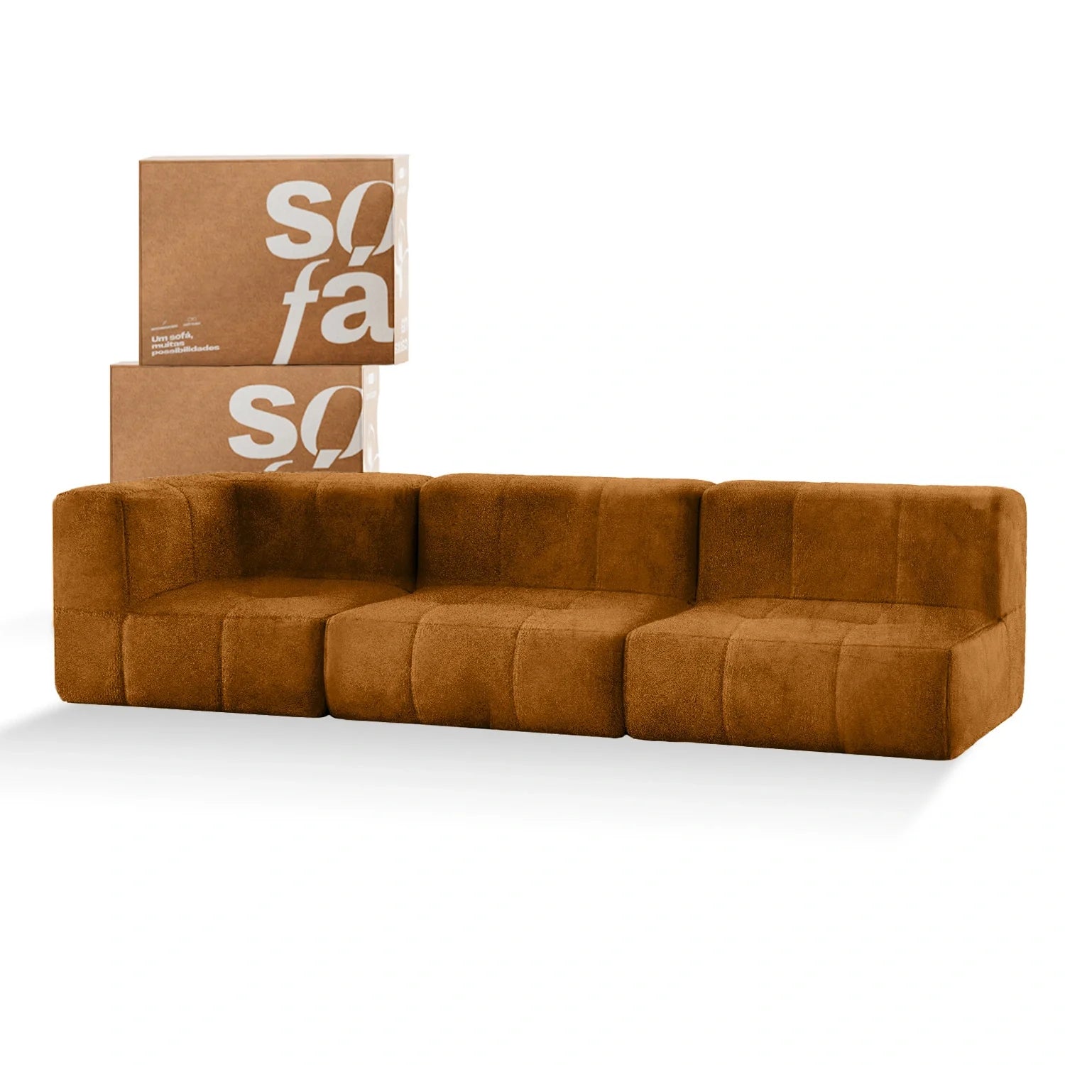 Sofá na Caixa modular 3 lugares Poli-Couro Marrom - 1 Braço