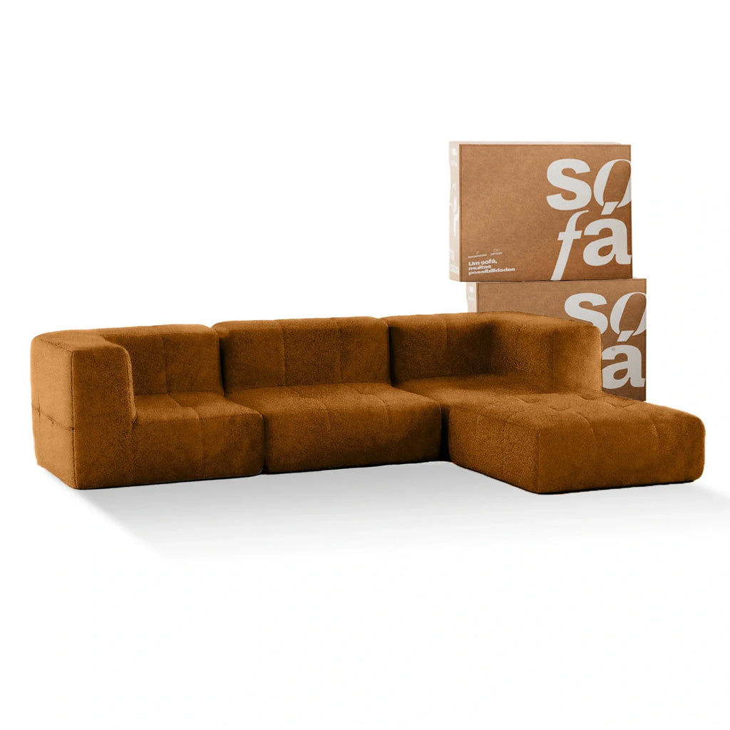 Sofá na Caixa modular 3 lugares Poli-Couro Marrom com Apoio de pé