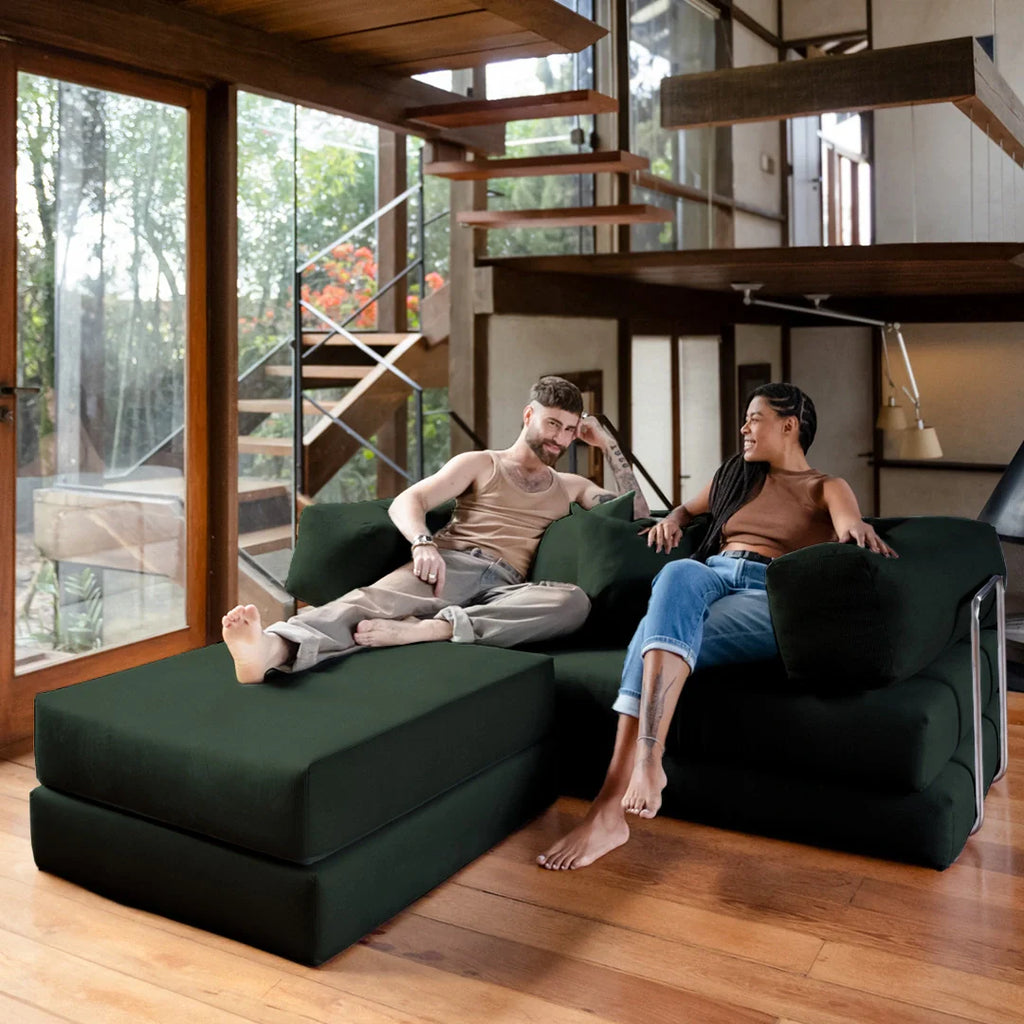 Sofá Cama Bloom - Sofá na Caixa + Apoio de Pé Bloom Tecido Boucle Verde Musgo