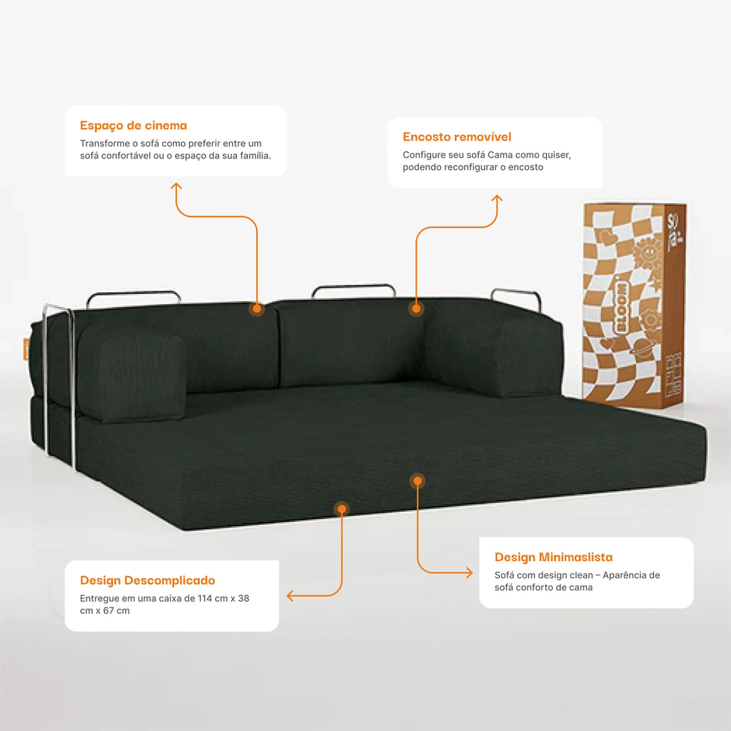 Sofá Cama Bloom Tecido Boucle Verde Musgo - Sofá na Caixa