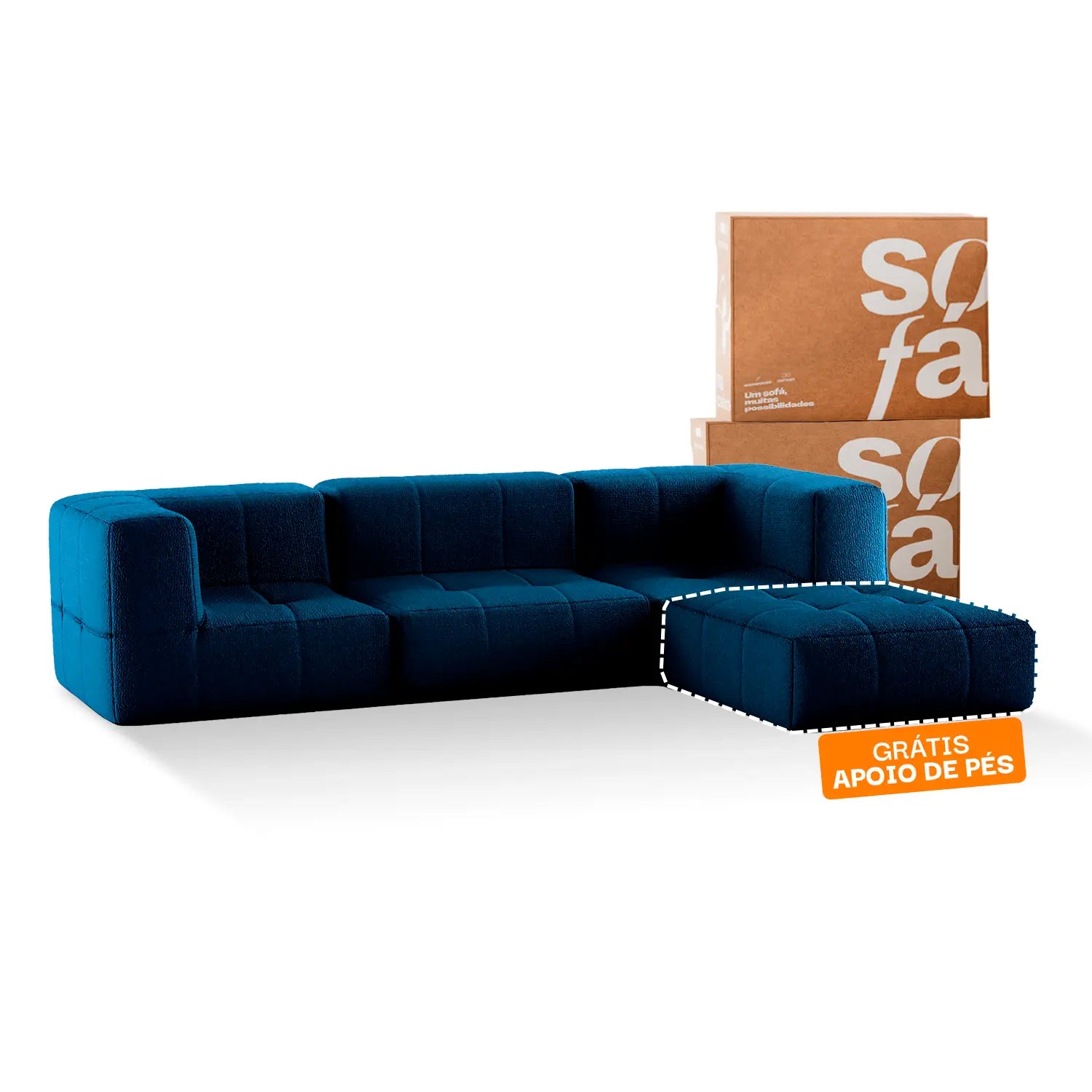 Sofá na Caixa modular 3 lugares em Boucle com Apoio de pé - Azul
