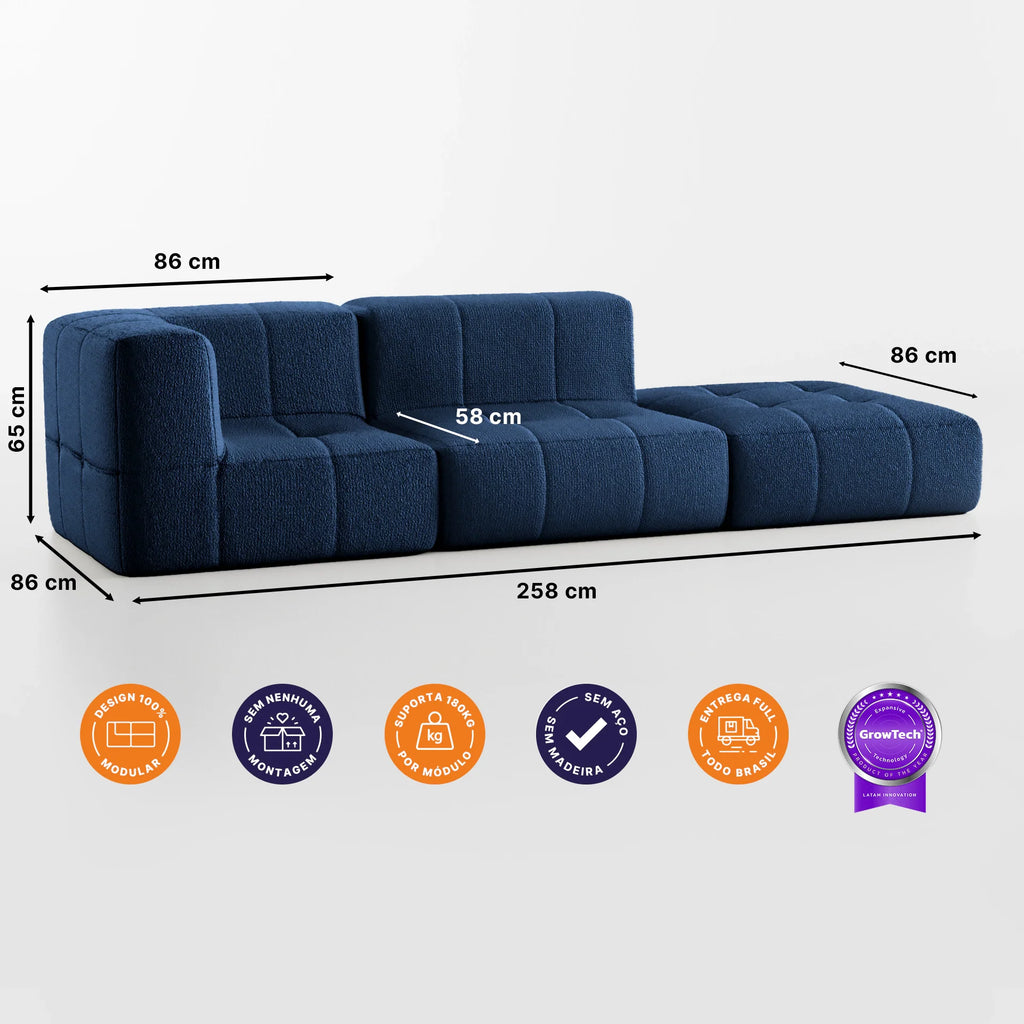 Sofá na Caixa modular 2 lugares em Boucle - 1 Braço com Apoio de pé - Azul