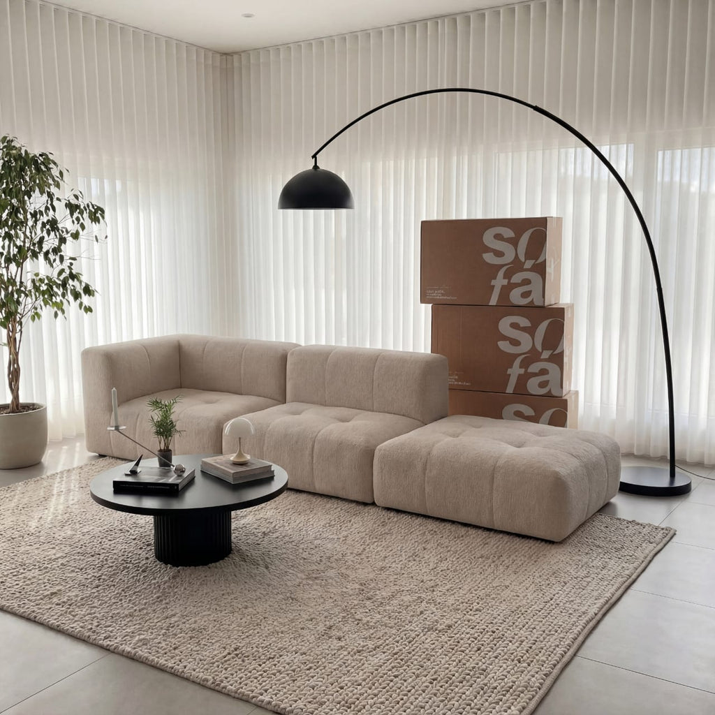 Sofá na Caixa modular 2 lugares em Boucle - 1 Braço com Apoio de pé - Linho