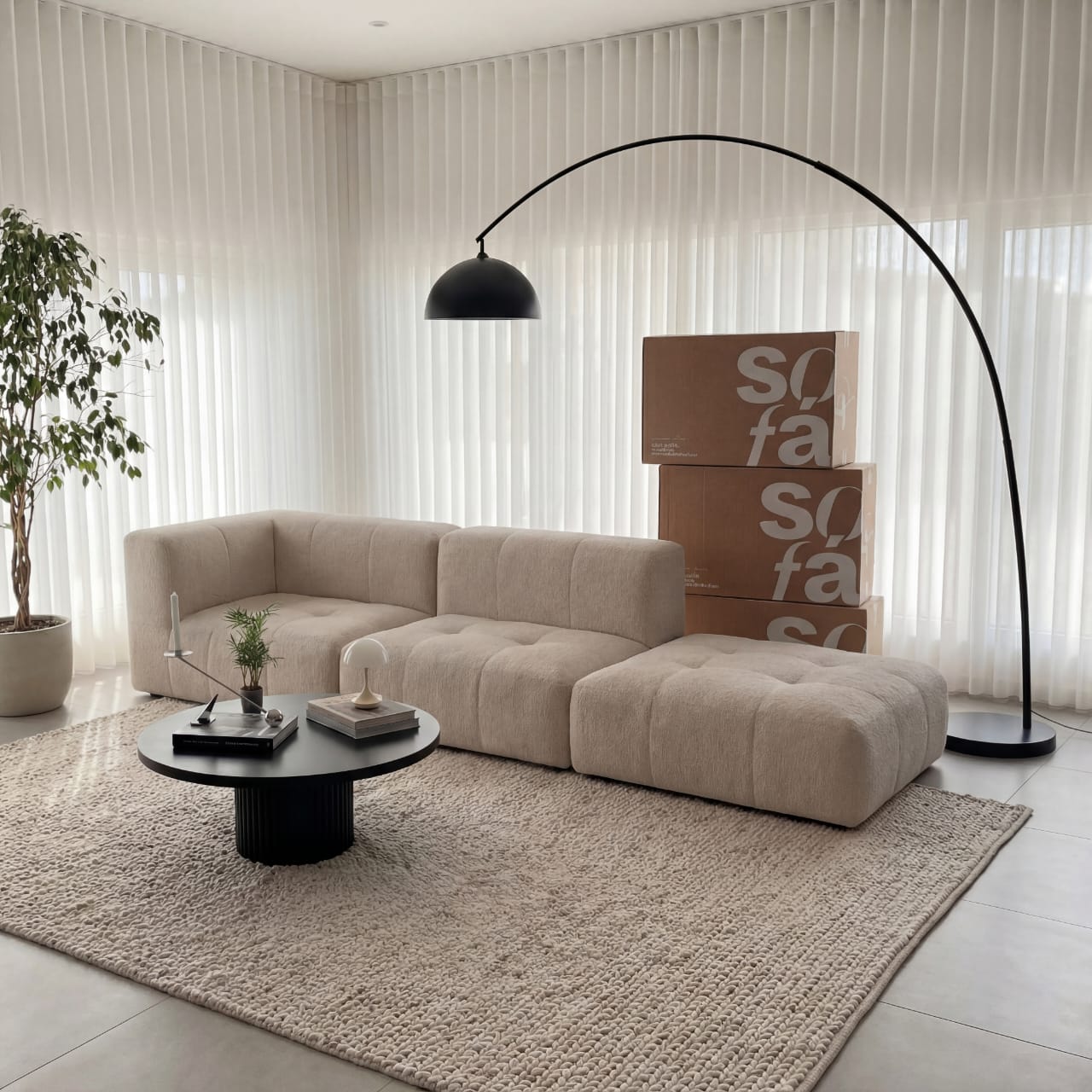 Sofá na Caixa modular 2 lugares em Boucle - 1 Braço com Apoio de pé - Linho