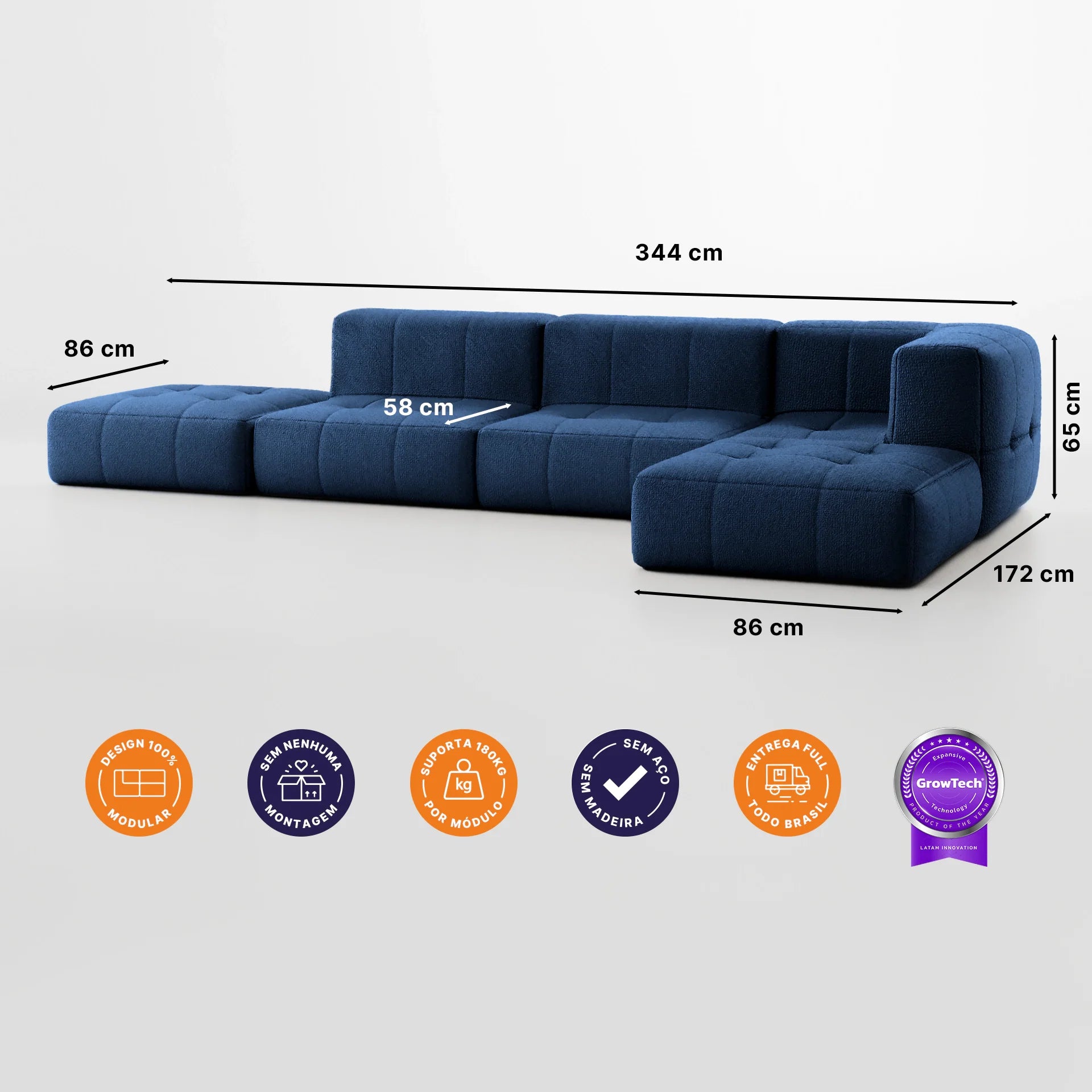 Sofá na Caixa modular 1 lugar Canto com chaise em Boucle - Azul