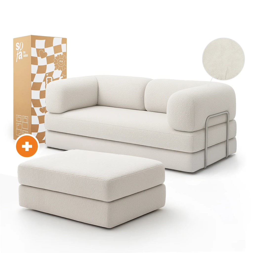 Sofá Cama Bloom - Sofá na Caixa + Apoio de Pé Bloom Tecido Boucle Linho