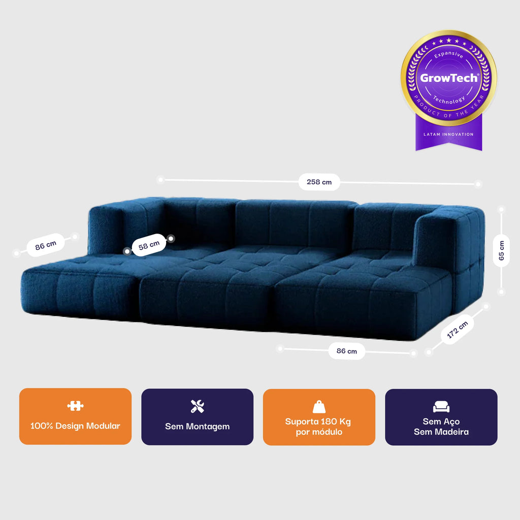 Sofá na Caixa modular 3 lugares em Boucle com 3 Chaises - Azul