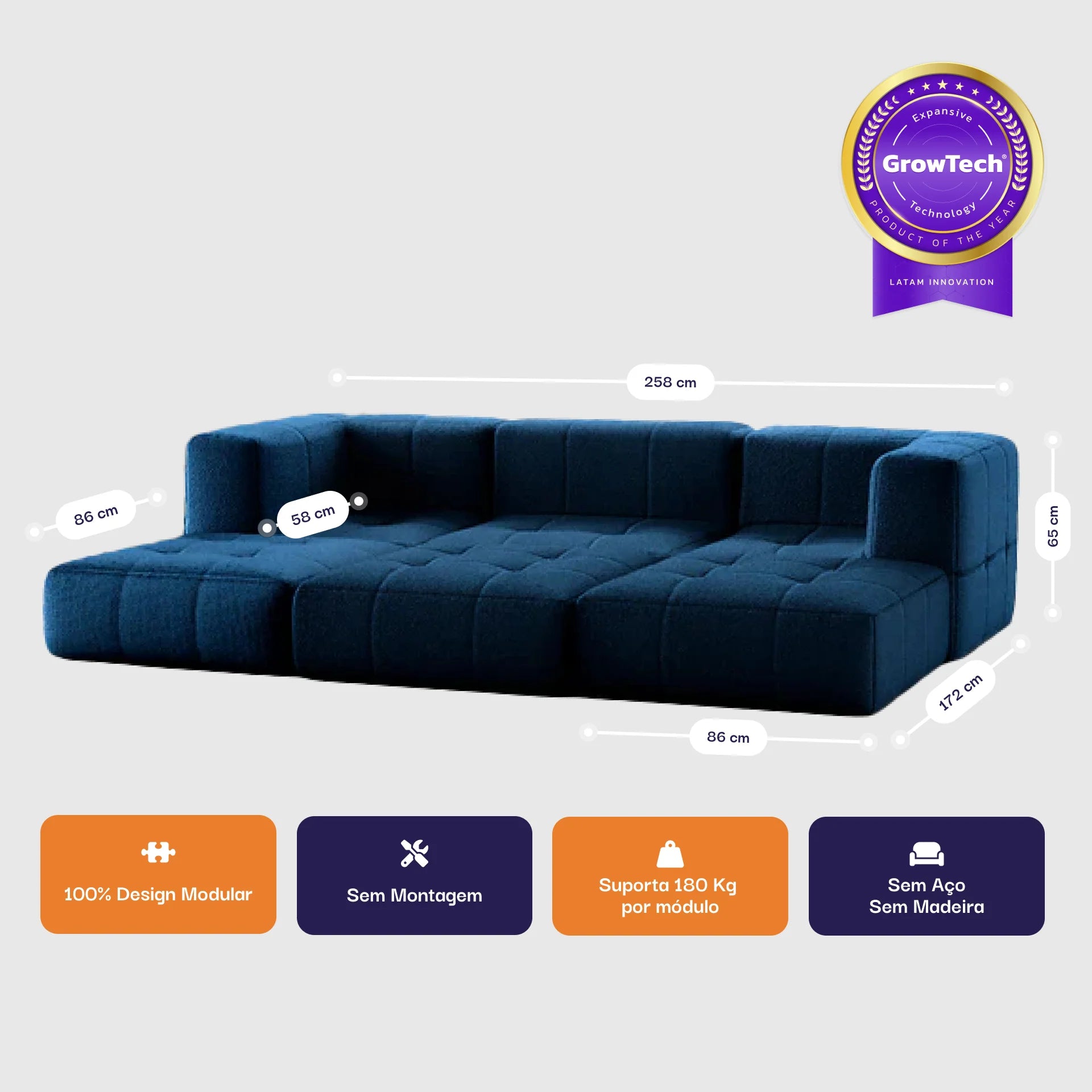 Sofá na Caixa modular 3 lugares em Boucle com 3 Chaises - Azul