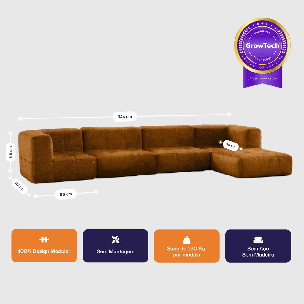 Sofá na Caixa modular 4 lugares com 1 chaise - Poli-couro