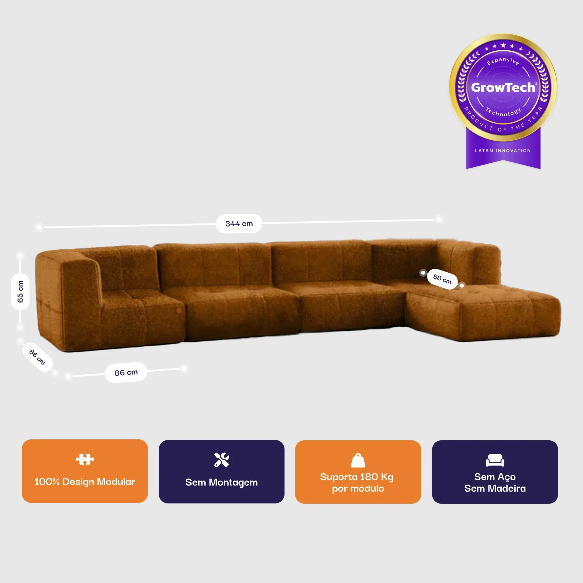 Sofá na Caixa modular 4 lugares com 1 chaise - Poli-couro