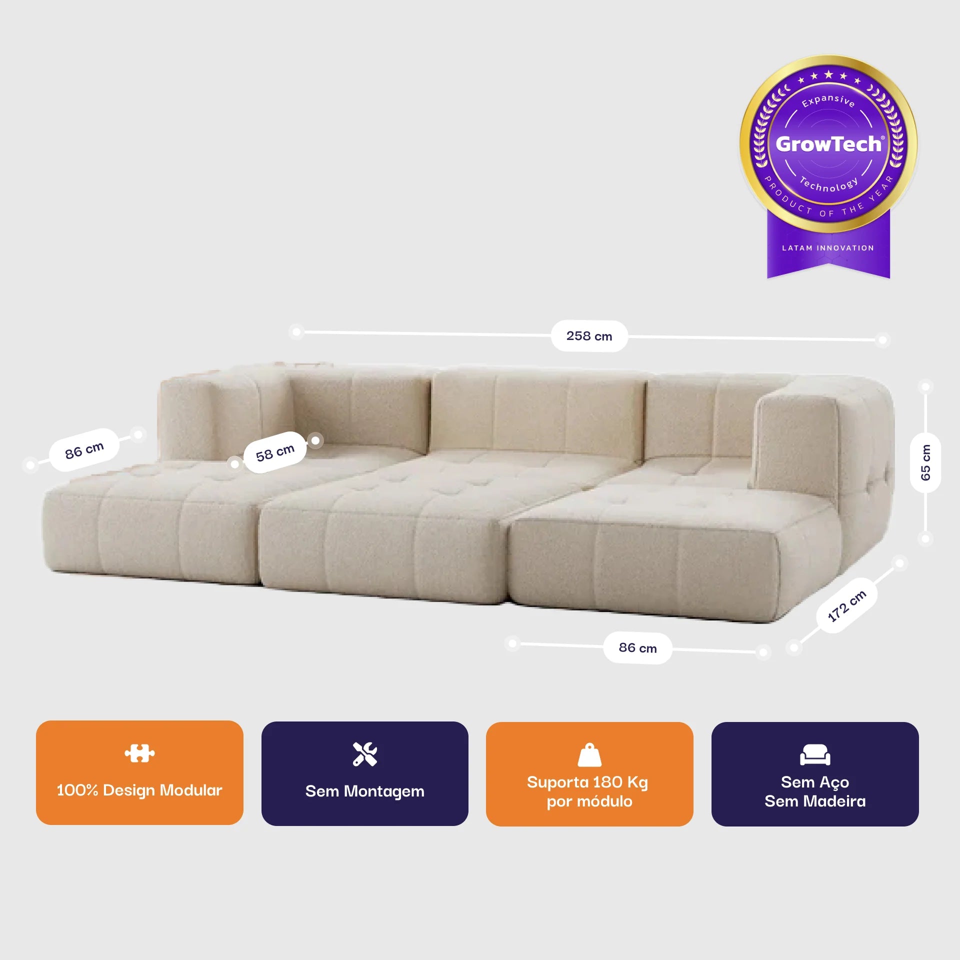 Sofá na Caixa modular 3 lugares em Boucle com 3 Chaises - Linho