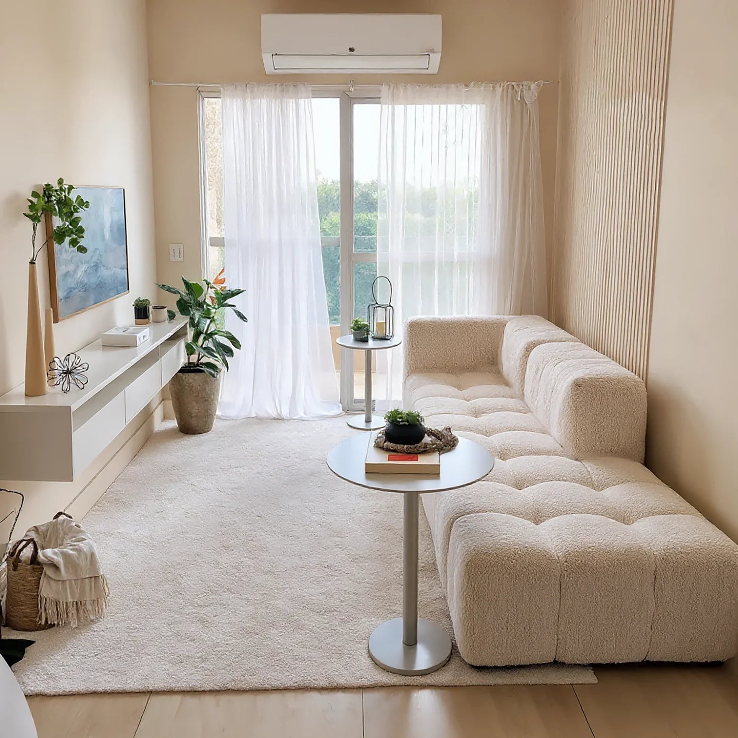 Sofá na Caixa modular 2 lugares em Boucle - 2 Poltronas com Apoio de pé - Linho