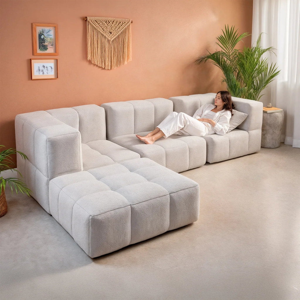 Sofá na Caixa modular 2 lugares em Boucle - 2 Poltronas com Apoio de pé - Cinza